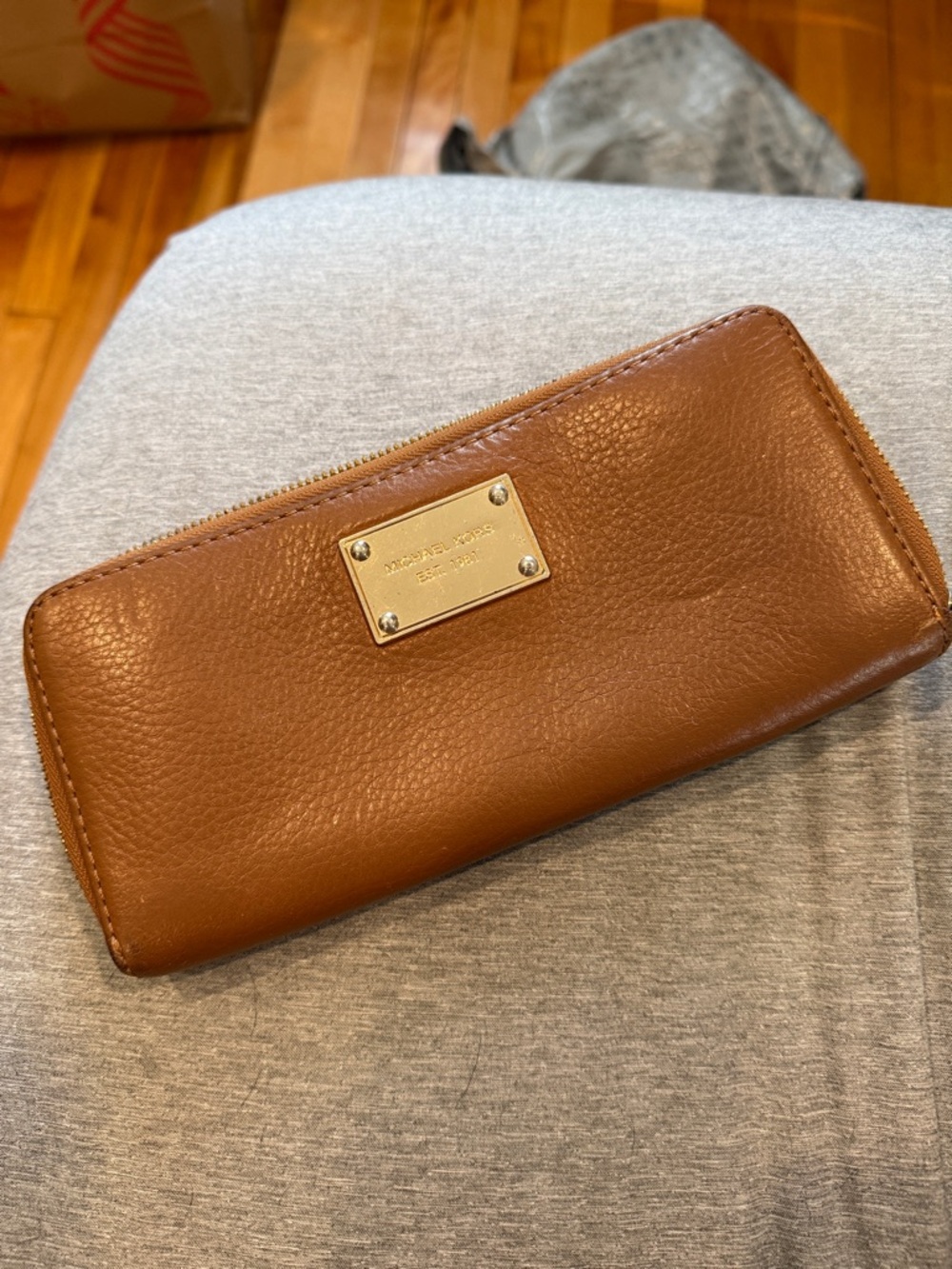 Michael Kors Tan Pebbled Leather Zip-Around Wallet with Gold Plaque
